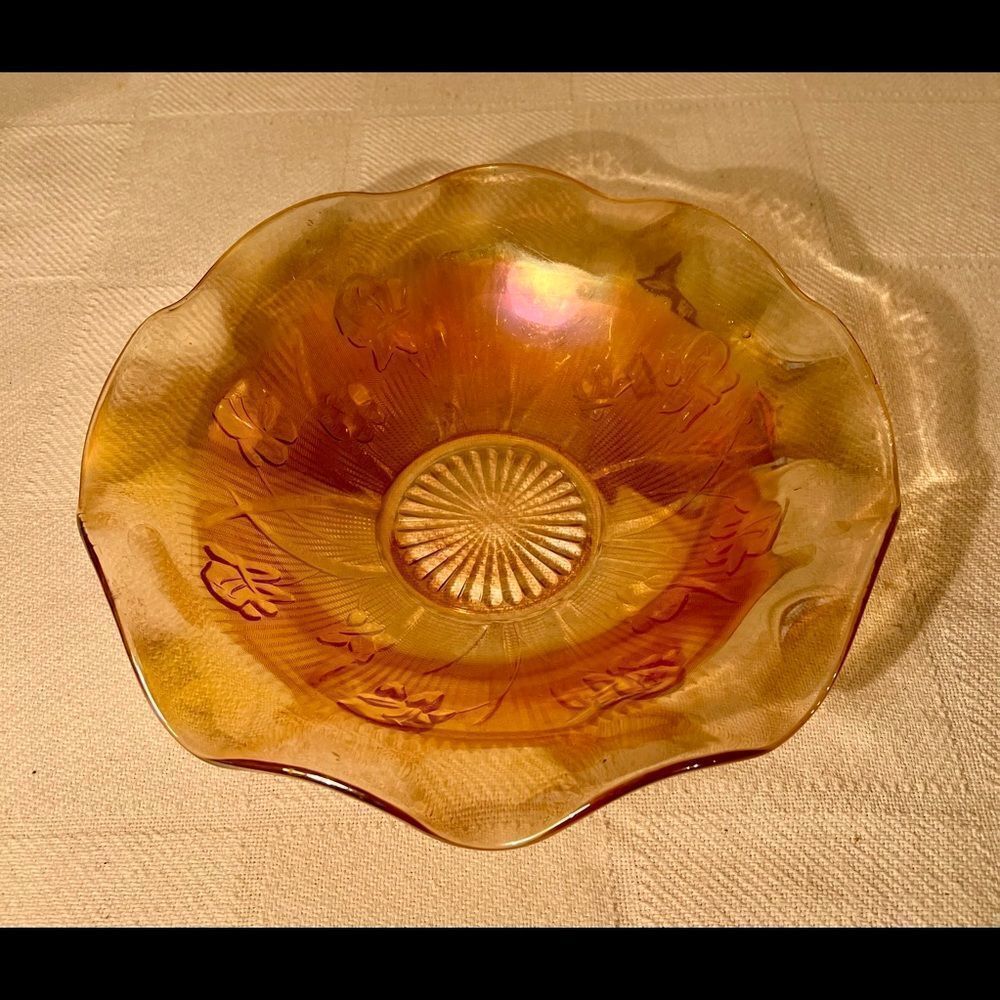 Vintage Jeanette Glass Iris & Herringbone Iridescent Carnival Serving Bowl EVC.